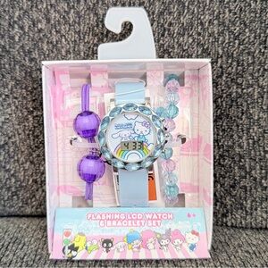 Hello Kitty Light Blue LCD Watch with Purple & Aqua Beaded Bracelets